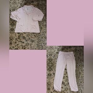 Nine West Pink Polka Dot Women's Pajama Set Button Top Long Pants SOFT stretchy